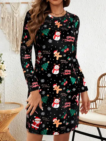 Damklänning med långärmad jultema, rund halsringning, roliga festliga tryck, perfekt för vardagliga julutflykter och vardagsaktiviteter 10 best sales svart jultomteklänning - №3