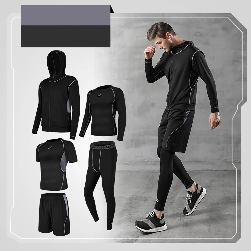 PINGNIAO Gym Breathable Men\'s Fitness 5 Piece Set Classic Black Training Leggings Running Compression Suit Jogging Sleeves