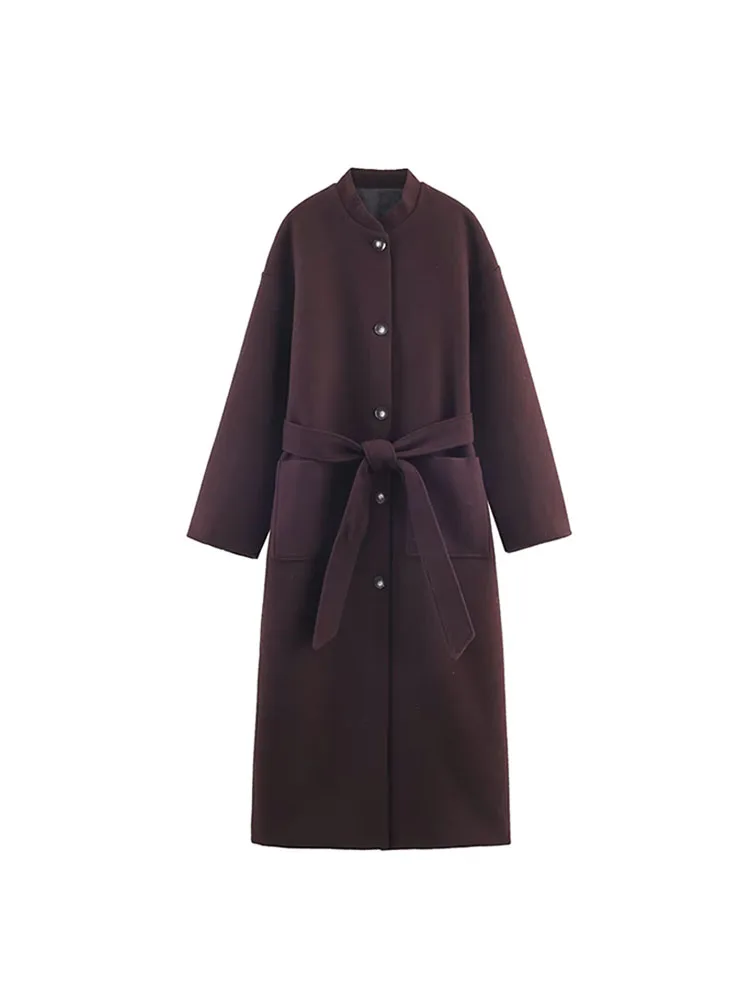 

HH Women’S Autumn And Winter Long Round Neck Single Breasted Straight Into Pocket Belt H Type Woolen Coat Leisure Long Coat