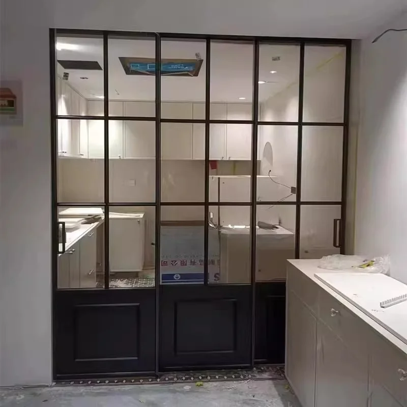 French Retro Door Extremely Narrow Kitchen Sliding Door Living Room Balcony Three Linkage Hanging Rail Aluminum Alloy