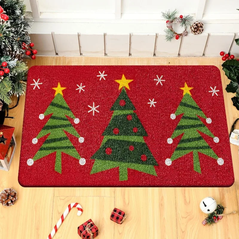 ممسحة عيد الميلاد الاحتفالية بخلفية حمراء وشجرة خضراء، سجادة مستطيلة من البوليستر المتين لديكور المطبخ في غرفة المعيشة #1