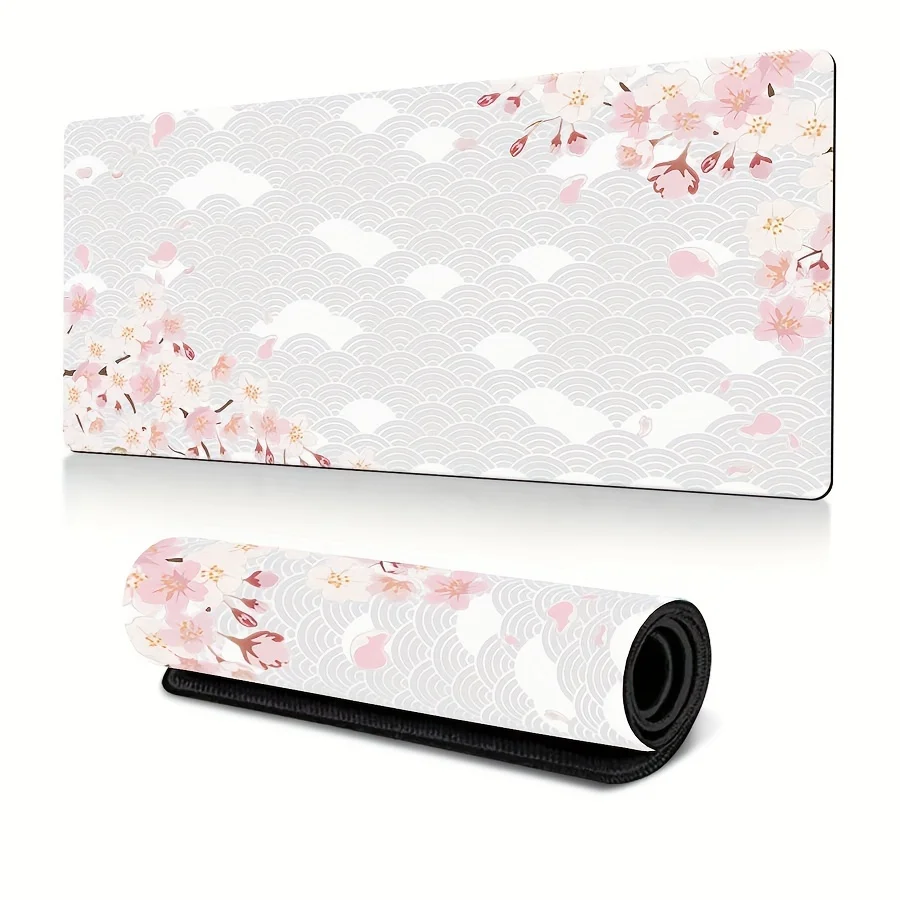 XXL Oversized cherry blossom black mouse pad thickened non-slip rubber pink and white floral pattern keyboard mat desk decor rug