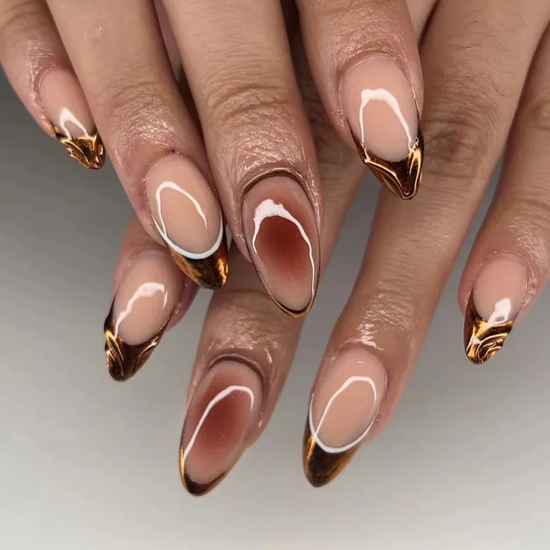 24Pcs Short Sheer Almond False Nails with Glue Silver French Press on Acrylic Nail Simple Sweet Cool Wearable Nail Manicure Tips image 2