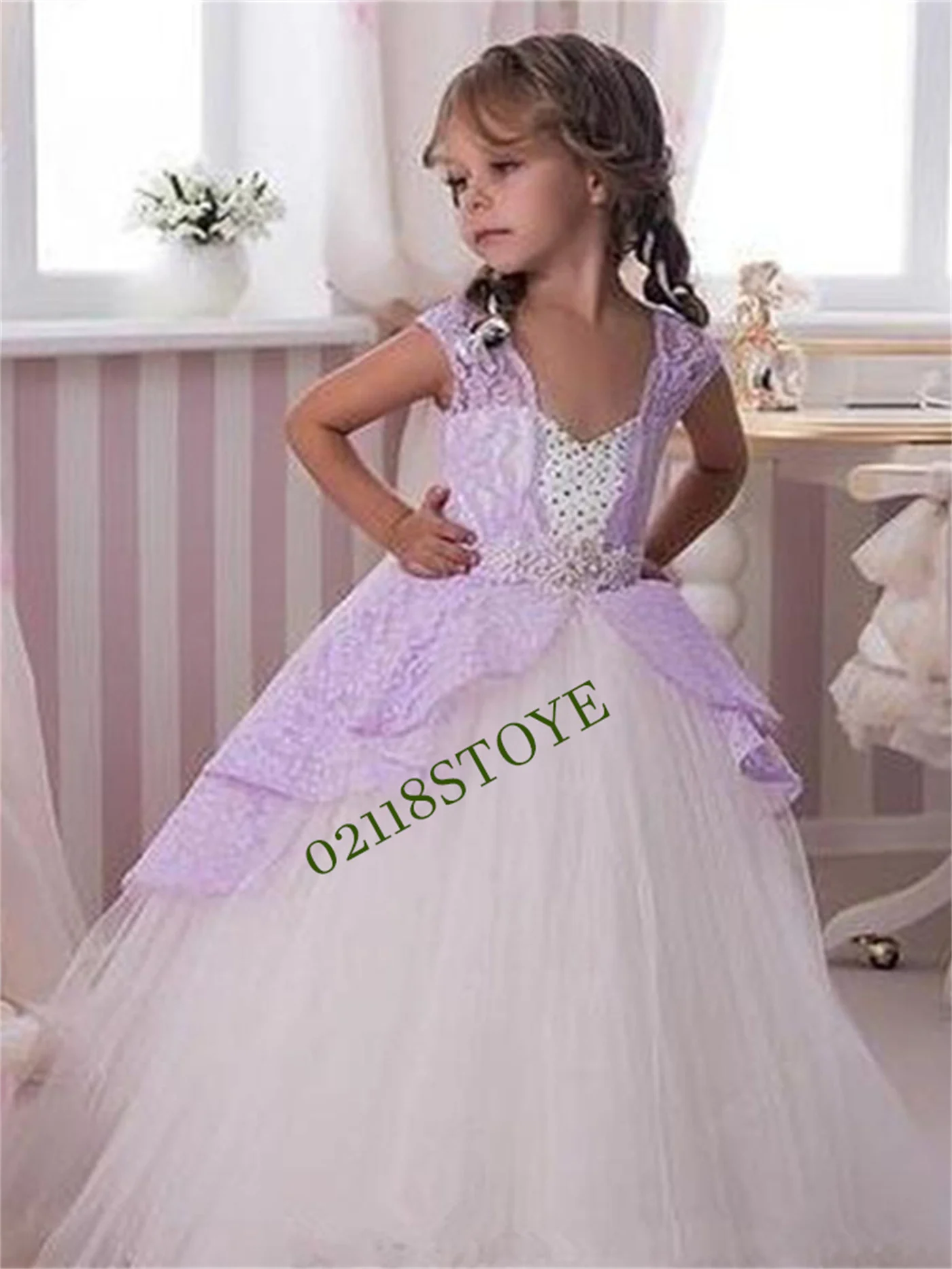 

Flower Girl Dress Pearls Beadings Baby Ball Gown First Communion Dresses Girl Back Bow Lace Little Bride Dress