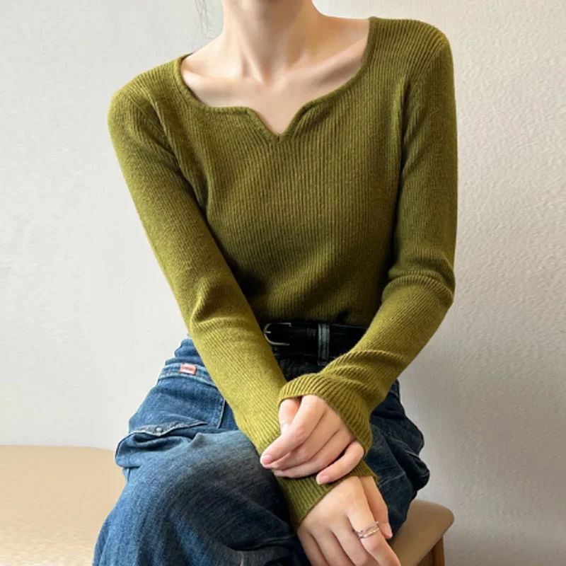 TPJB Spring New Casual Women Sweaters Simple Knitting Elasticity Tops Solid Color V-neck All Match Loose Render Female Pullovers