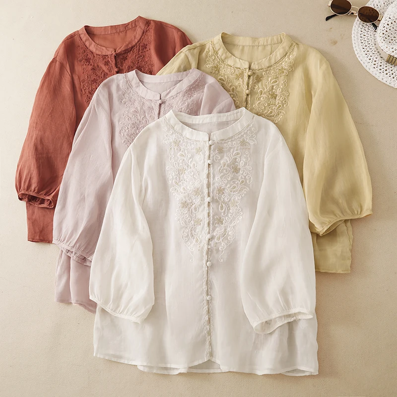 Retro Artistic Style Heavy Embroidery Floral Shirt Women's Early Autumn New Seven-Quarter Lantern Sleeve Asymmetric Top 4