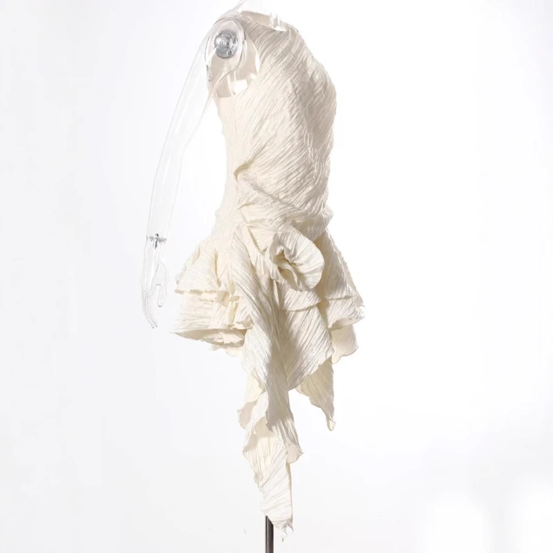 CHICEVER ไม่สมมาตร Patchwork Appliques ชุดผู้หญิง O คอแขนกุดเอวสูง Spliced Ruffles Minimalist กระโปรงหญิง