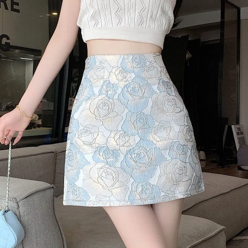 New Chinese Style Jacquard Skirt 2026 Summer Women High Waist A-line Skirts Female Vintage Embroidery Skirt Girls Short Skirt