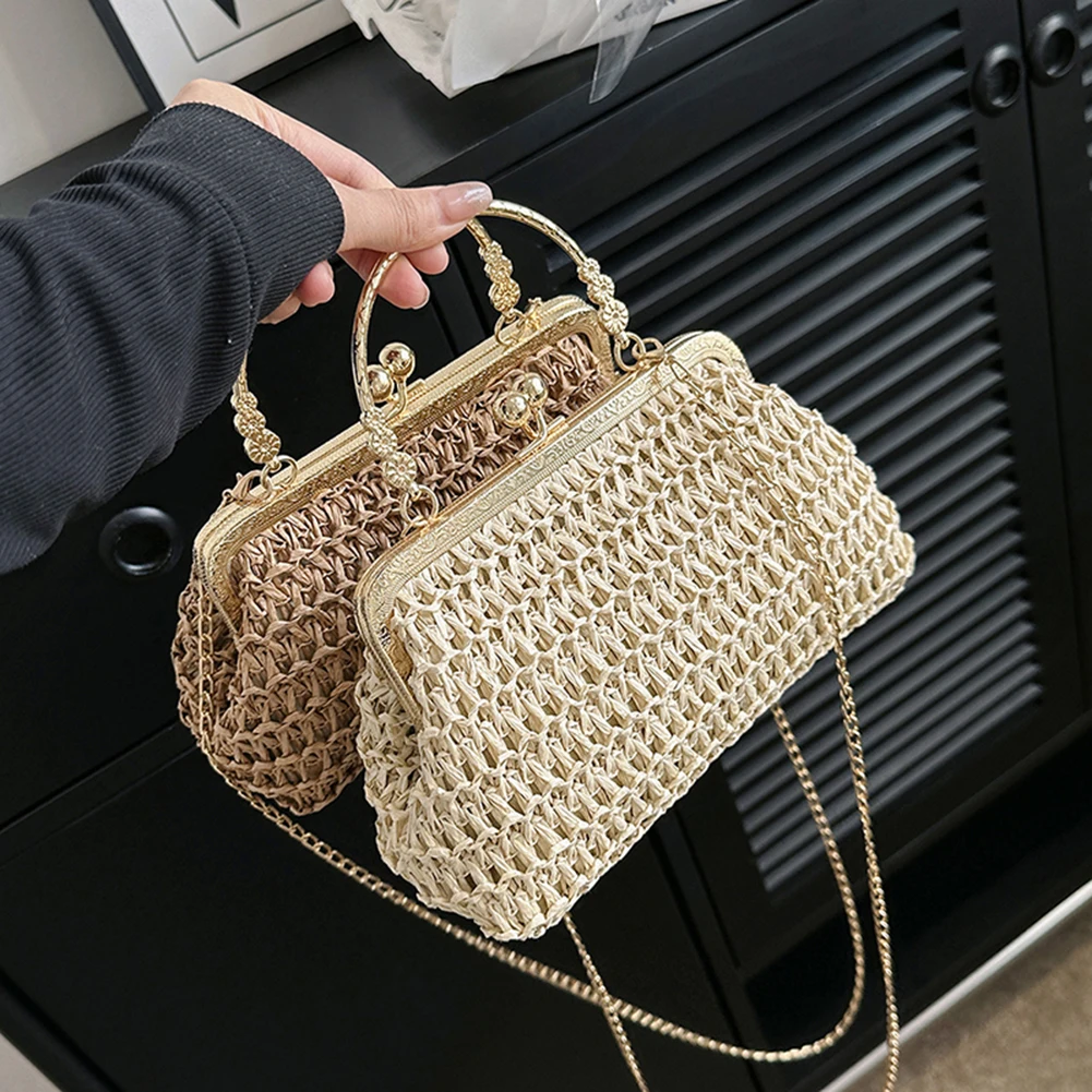 Summer Beach Straw Bags Exquisite Gold Chain Party Banquet Purse Hand Woven Handbag Female Clutch Bag Shoulder Crossbody Bags