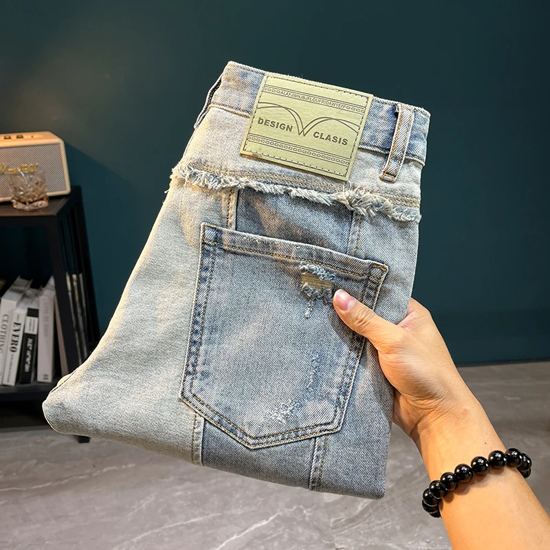 TC2932 Pantaloncini di jeans americani da strada con fori rotti pantaloni da cinque minuti con toppa ricamata sottile elastica marea da uomo