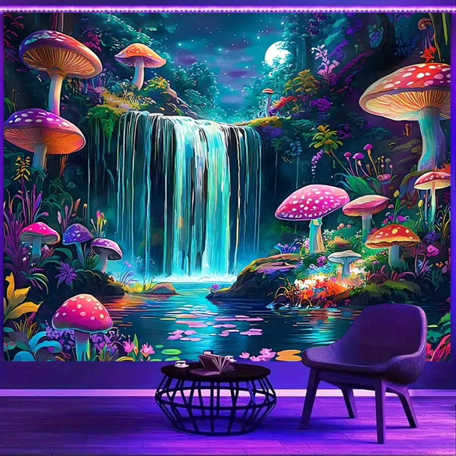 1PC Digital Printed Tapestry Wall Hanging, Mushroom Forest Waterfall Moon Night, Psychedelic Enchanted Fairy Tale Decor