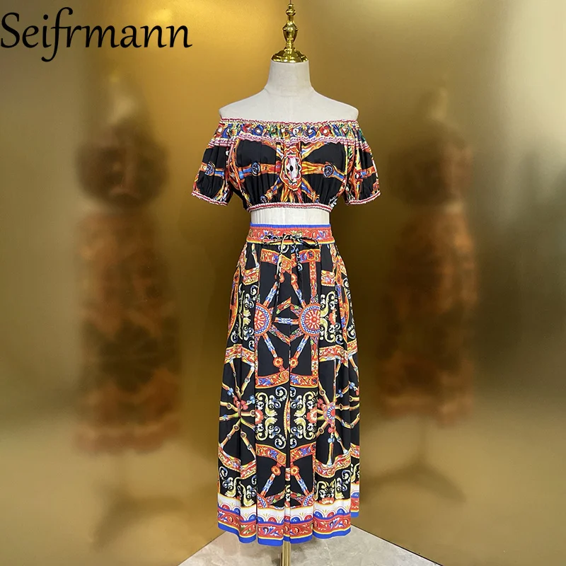 

Seifrmann Casual printed cotton two-piece round neck short-sleeved top high waist skirt suit 2026 summer new women's clothing