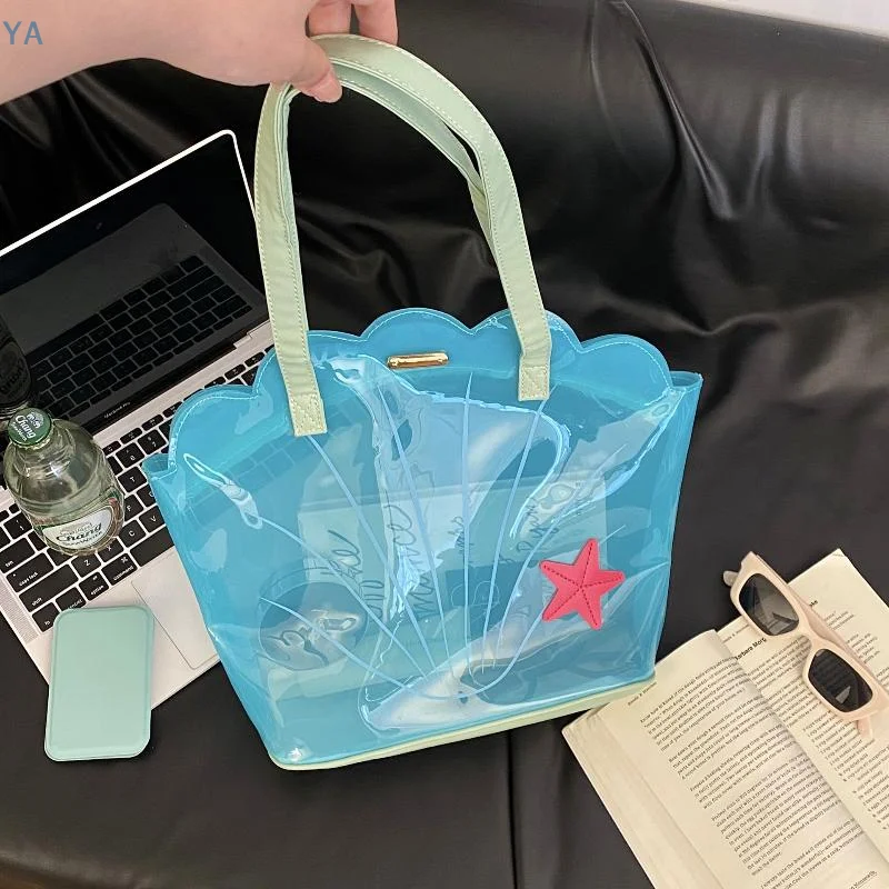 【SA】Korean Fashion PVC Shell Shoulder Bag Ins Style Girly Blue Transparent Handbag Female Waterproof Portable Tote Bags