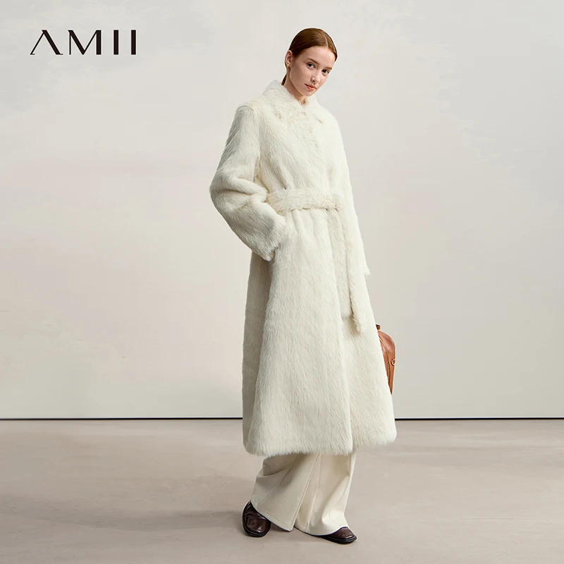 AMII Fur Coat Woman 2025 Winter New Warm With Belt Shoulder Sleeves Long Fur Coat Loose Straight Elegant Plush Jacket 12554009