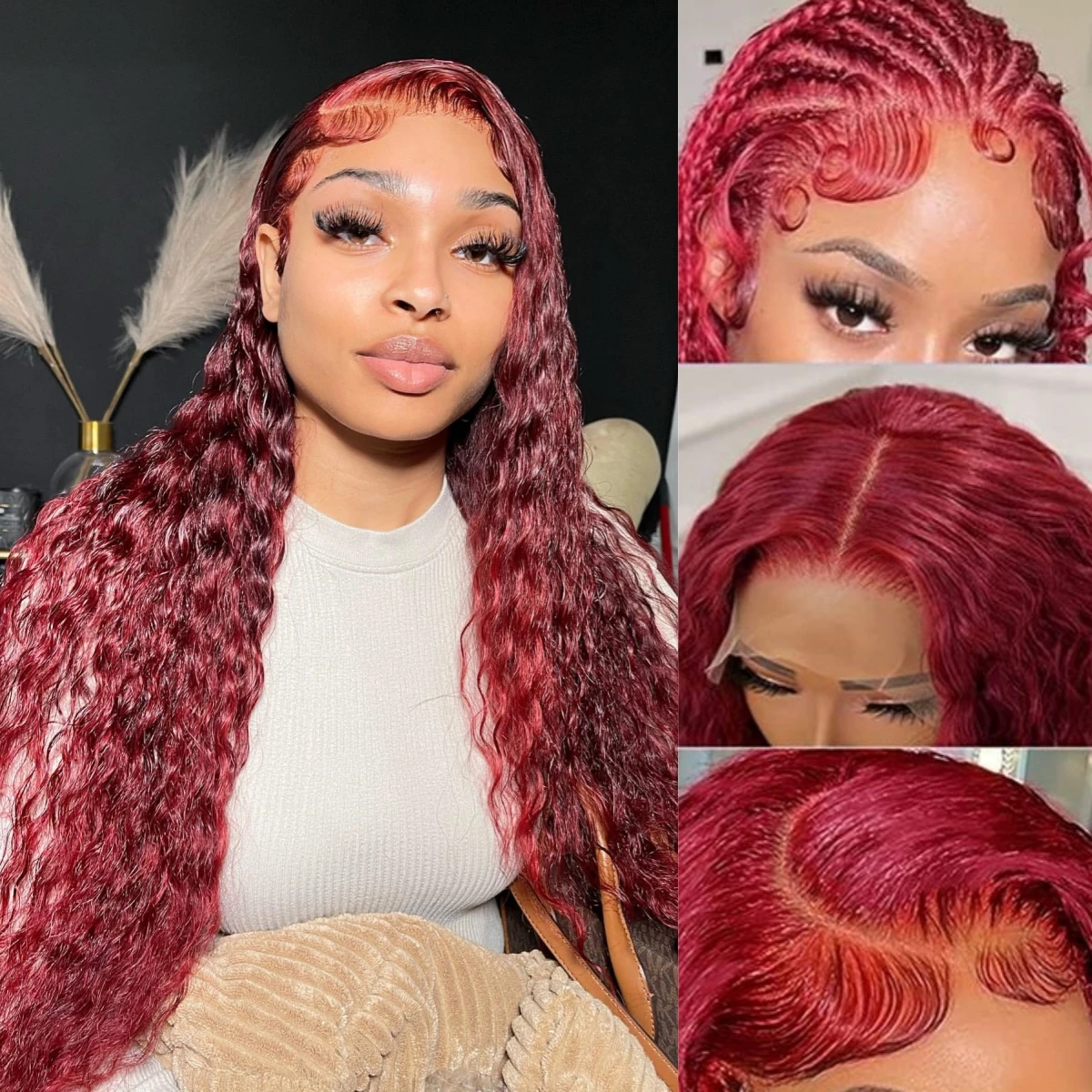 Burgundy Deep Wave 13x4 Human Hair Lace Frontal Wigs 99j Colored Red Wig For Women Brazilian Water Wave 30 Inch Lace Front Wig