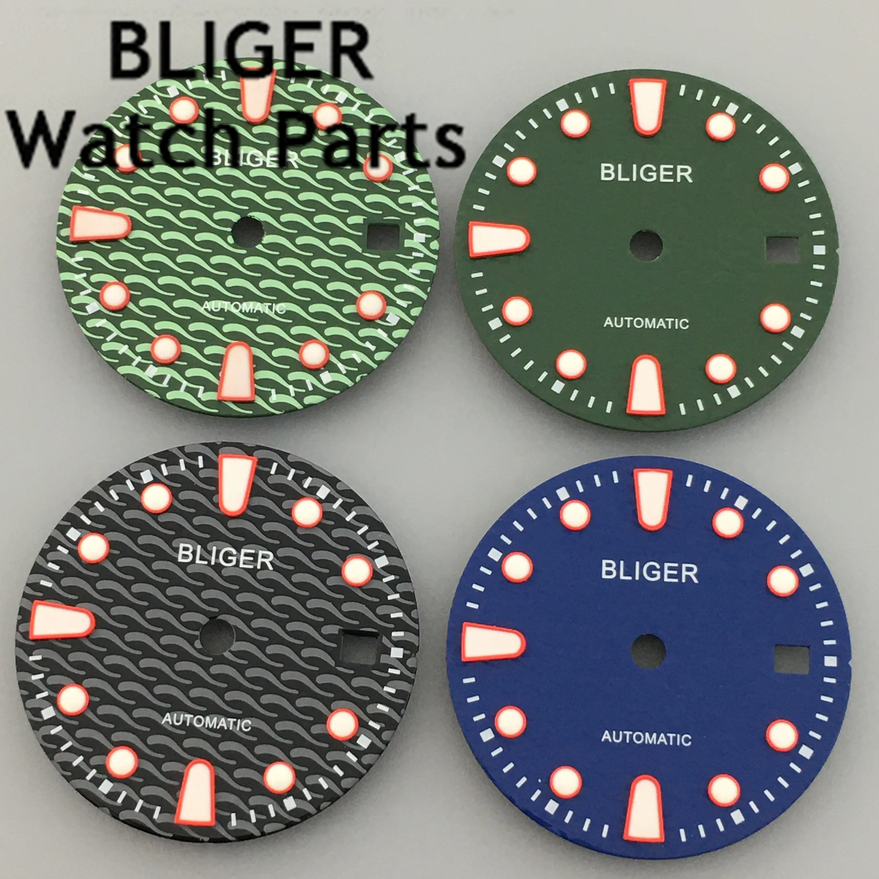 BLIGER-esfera de reloj de 28,5mm, accesorio de color negro, verde y azul, ajuste luminoso verde, movimiento Mingzhu DG2813 3804