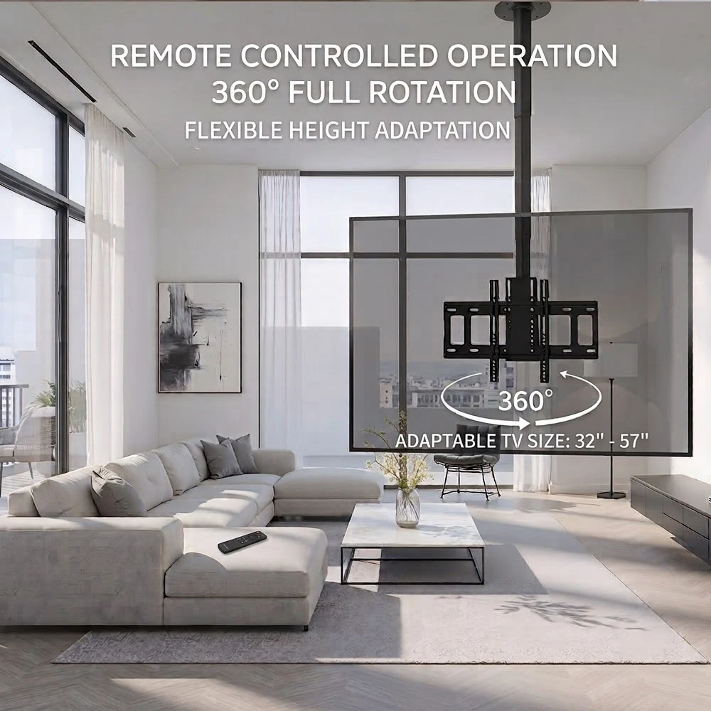 Hidden Ceiling TV Mount Motorized Height Adjustable Lift Bracket with 360 Swivel Remote Controlled for Living Room Hotel