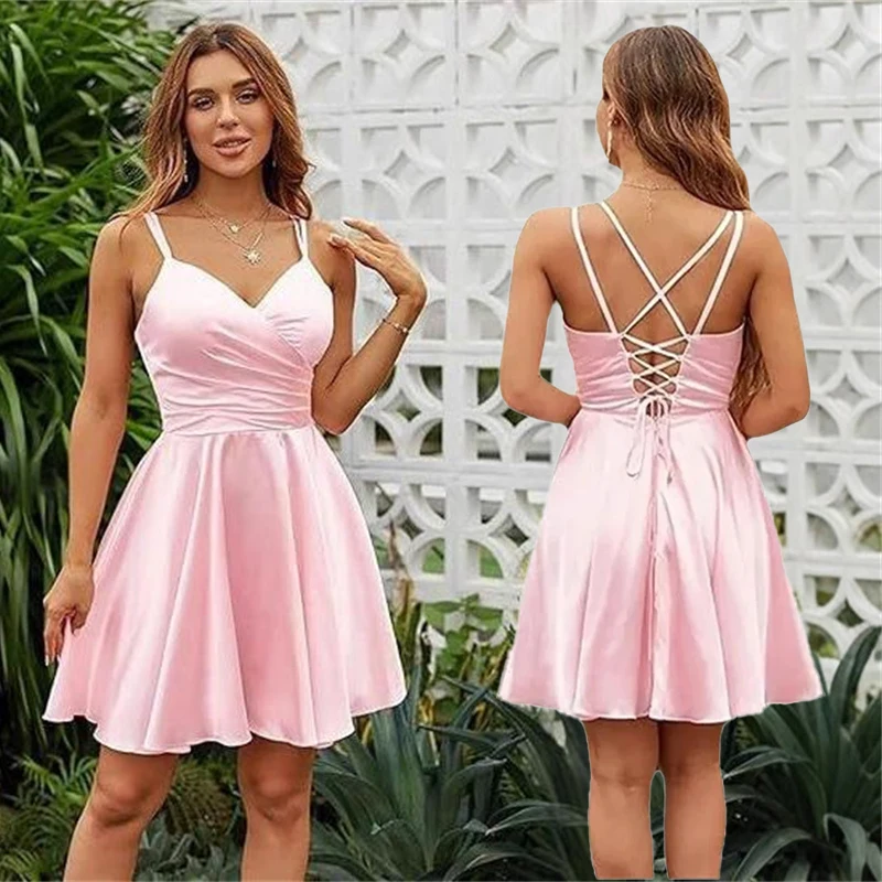 

Атласные бретельки трапециевидной формы, плиссированные вечерние платья подружки невесты, свадебная вечеринка, официальный выпускной, день рождения, мини-длина, на шнуровке