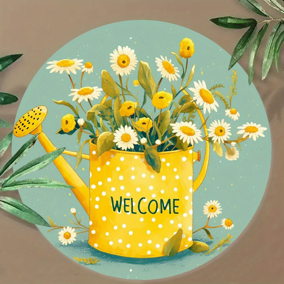1pc Vintage Farmhouse Welcome Sign - Rural Floral Decor with Yellow Polka-Dotted Watering Can, White Daisies - Lightweight & Dur