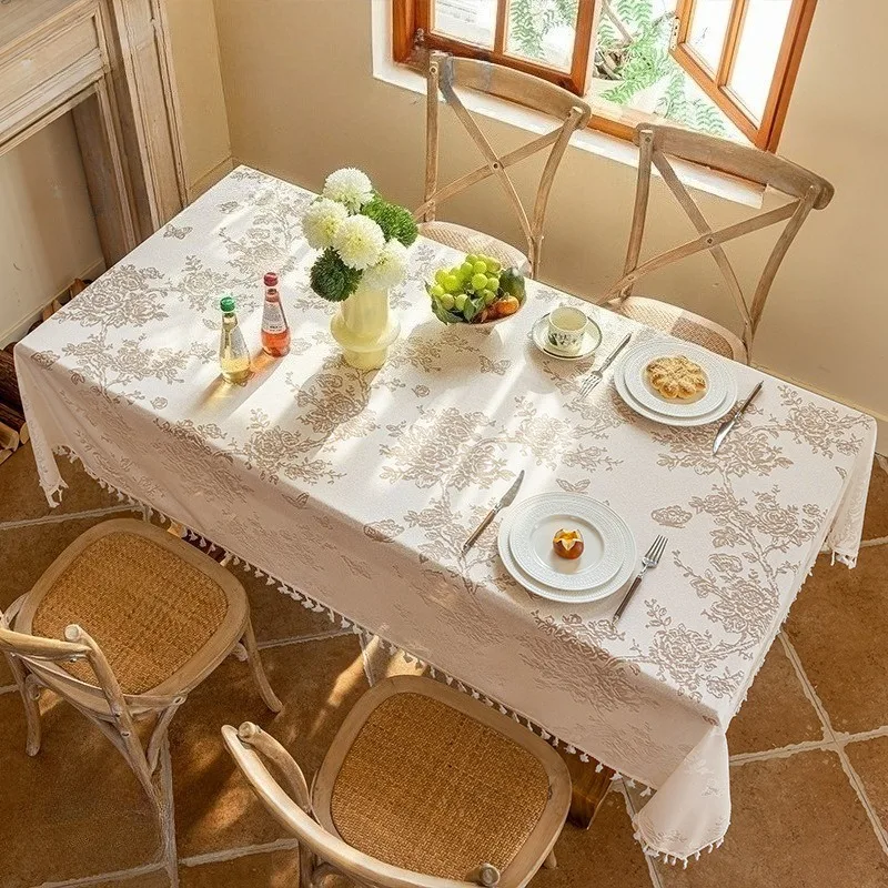 French Style Tassel Jacquard Tablecloth Polyester Lace Dining Table Cover Rectangle Mesh Tabletop Dust Protector Home Decor