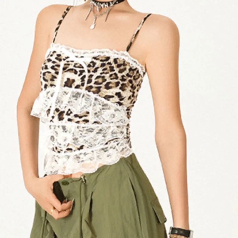 Lace Leopard Splicing Hot Girl Vest Fashion Suspenders Female Sexy