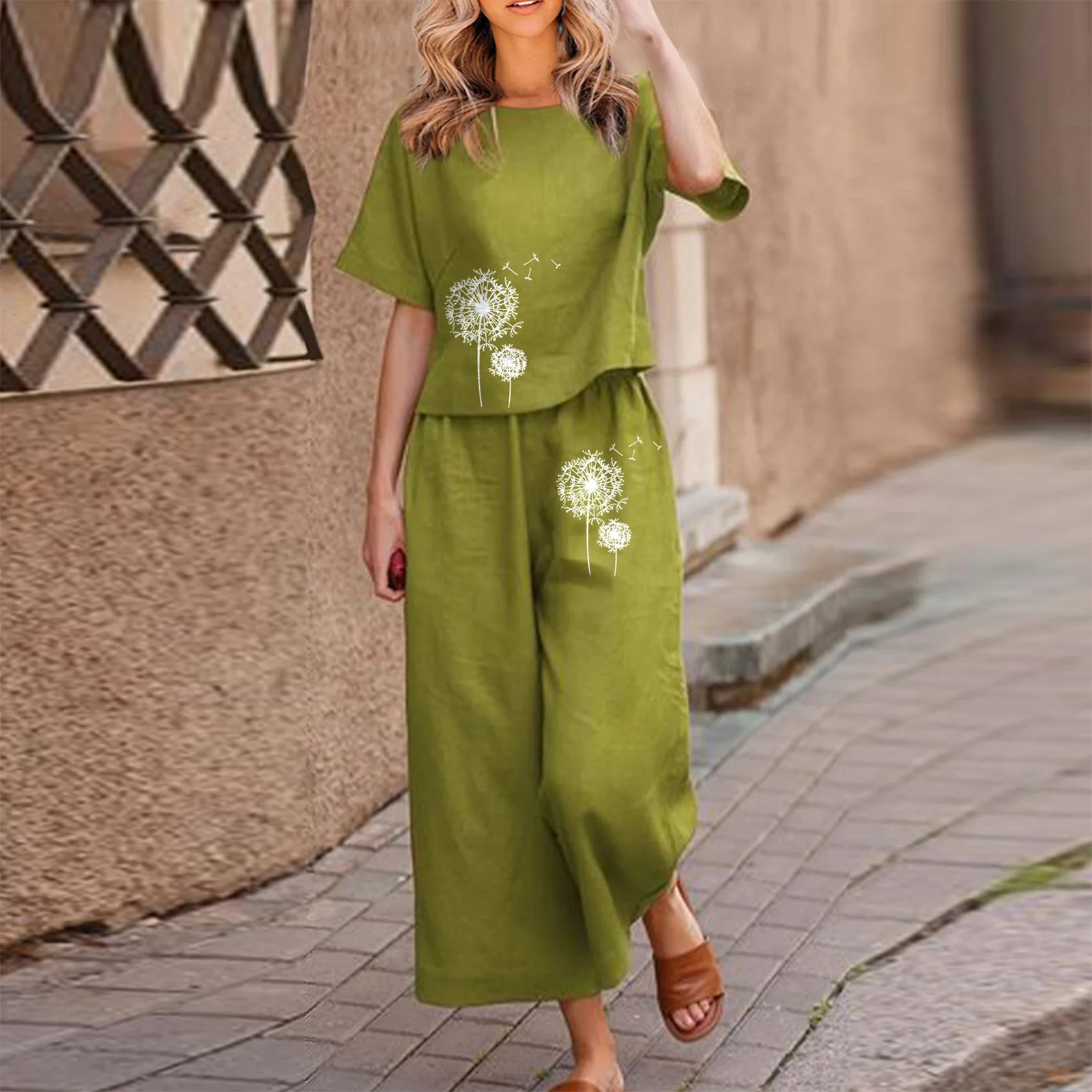 

Women's Floral Print ort Sve irt Pants Set Cotton Faion Summer Outfit Casual Workwear Student orm