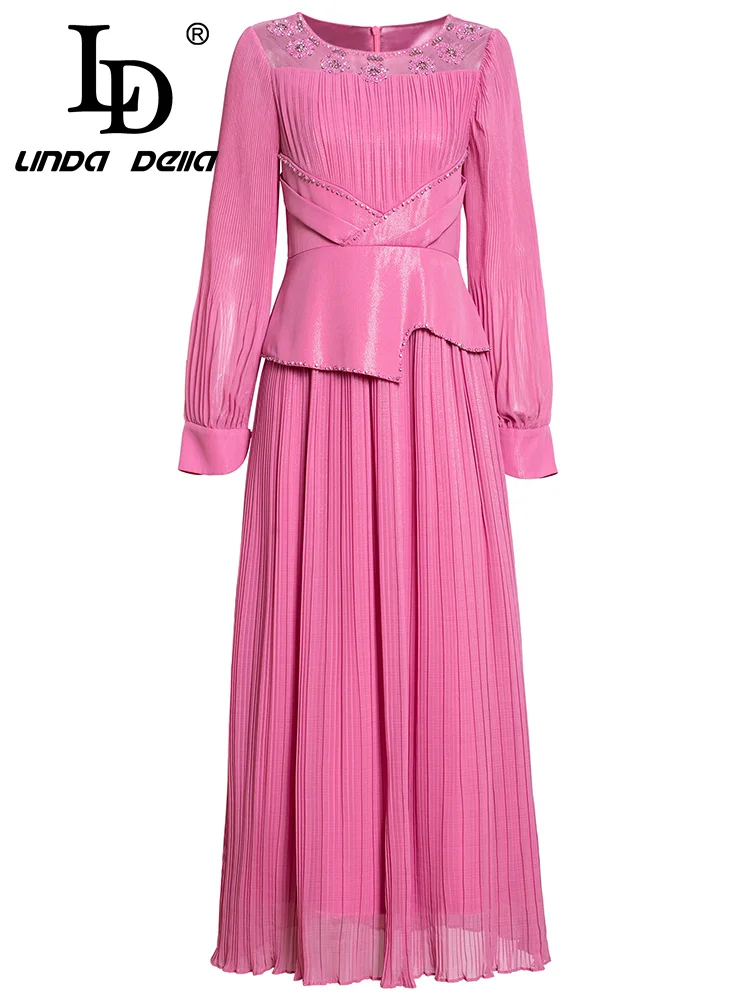 تنورة LD LINDA DELL ذات ثنيات على شكل خرز أظافر وردي كريمة وجوية ورقبة دائرية وأكمام طويلة بقصة ضيقة فستان عصري عالي