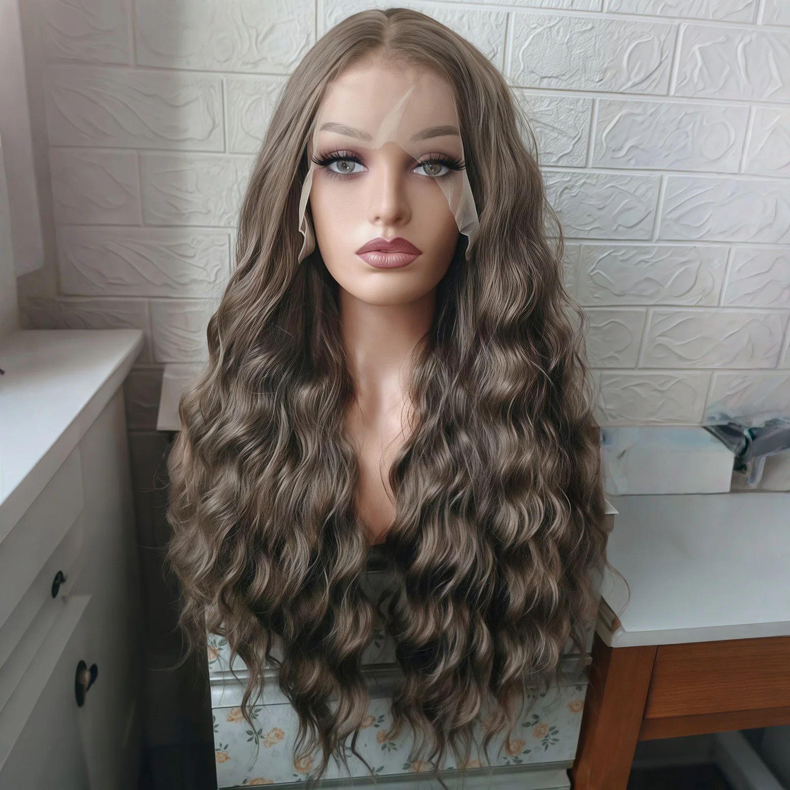 

Long Curly Brown Wavy Lace Front Wigs for Women Middle Part Light Brown Loose Curly Glueless Brunette 13X4 Synthetic Daily Party