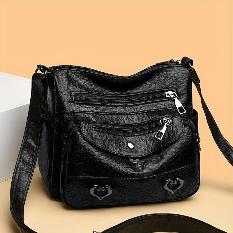 Ladies' Multi Pocket Leather Crossbody Bags, Heart-shaped Decorative Shoulder Bag, Suitable for Commuting, Banquets and Parties