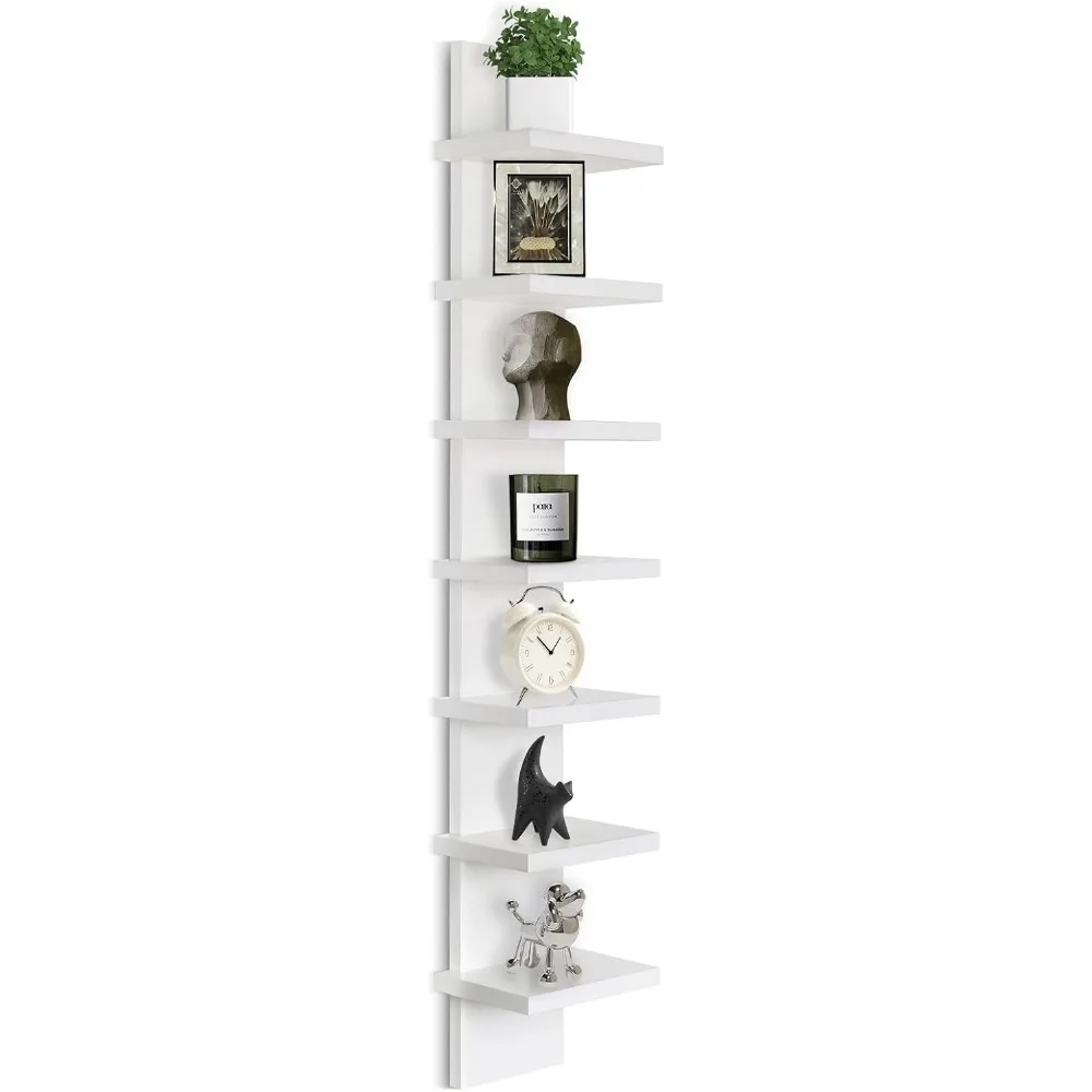 Étagère murale verticale étroite blanche à 7 niveaux pour décor et rangement, affichage peu encombrant pour petits espaces