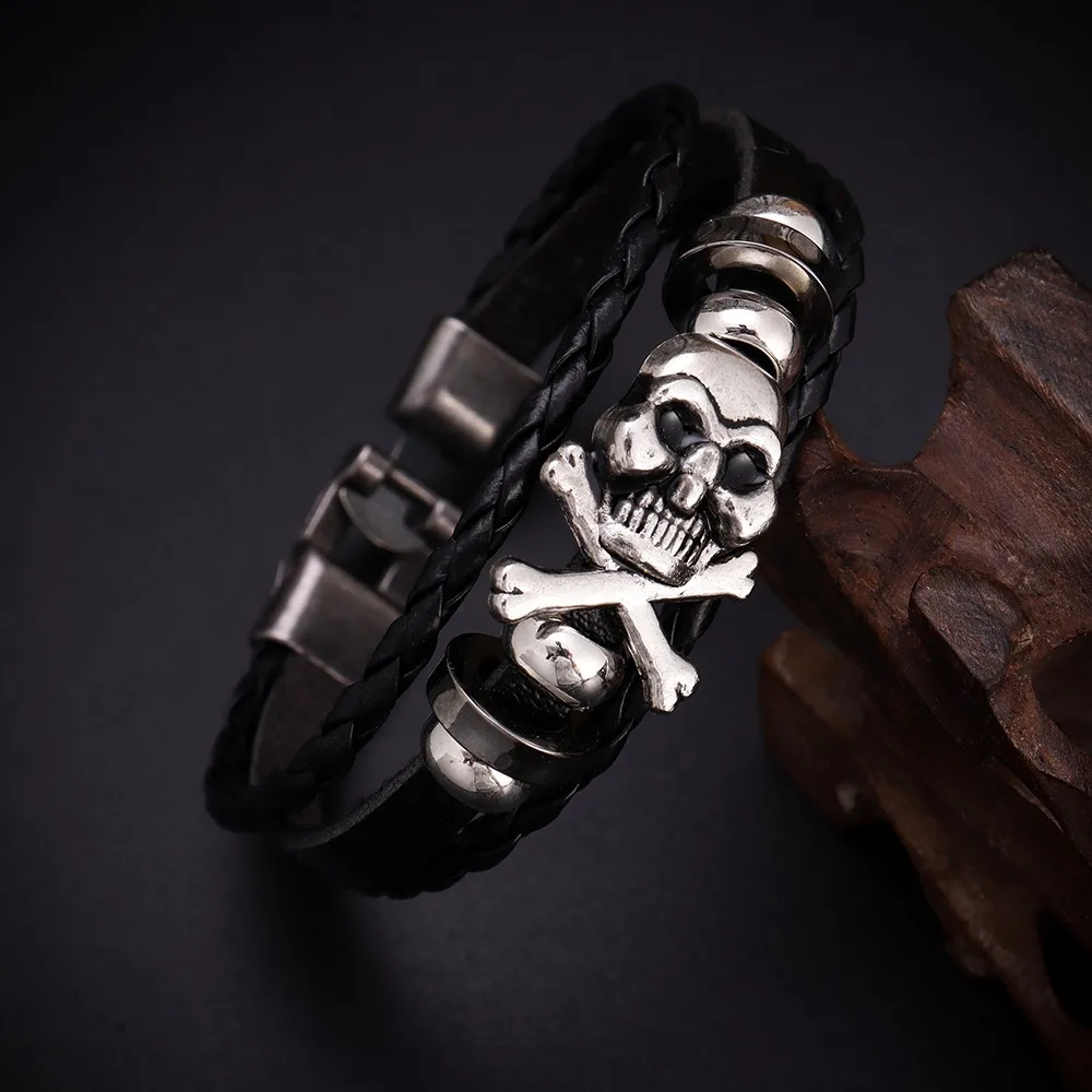 

Alloy Skull Design Multilayer Handmade Wove Leather Bracelet Vintage Punk Men Fashion Woven Hand Chian Jewelry Accessory Gift