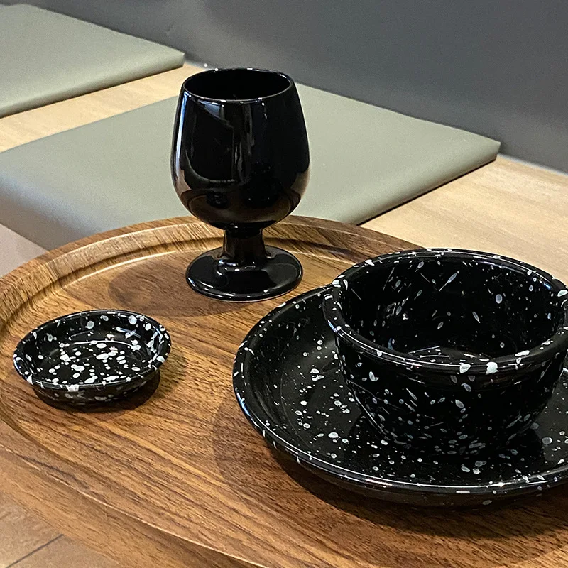 Japanese Style Ins Retro Irregular Black White Spotted Tableware High Aesthetic Value Ceramic Bowls Plates Sets Household Use