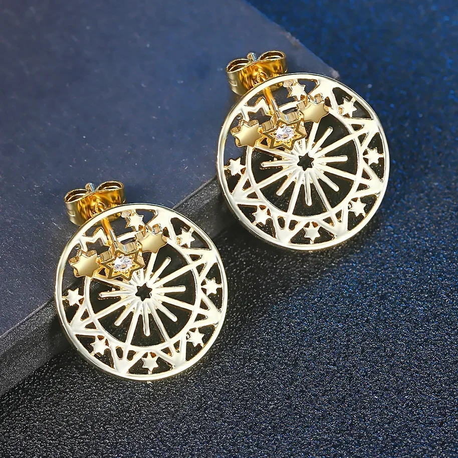 Nueva moda de acero inoxidable exquisita estrella brillante circón redondo hueco pendientes ligeros de lujo elegante mujer joyería regalo