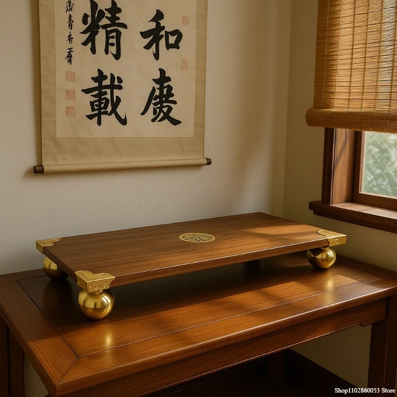 Chinese Style Monitor Riser Stand Walnut Desktop Shelf with Brass Ball Legs Screen Display Base for Office Workspace Organizer