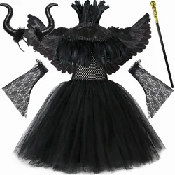 Girls Evil Queen Costume Kids Halloween Carnival Party Dresses Feathers Cape Toddler Girls Black Witch Tutu Dress Wings Horns