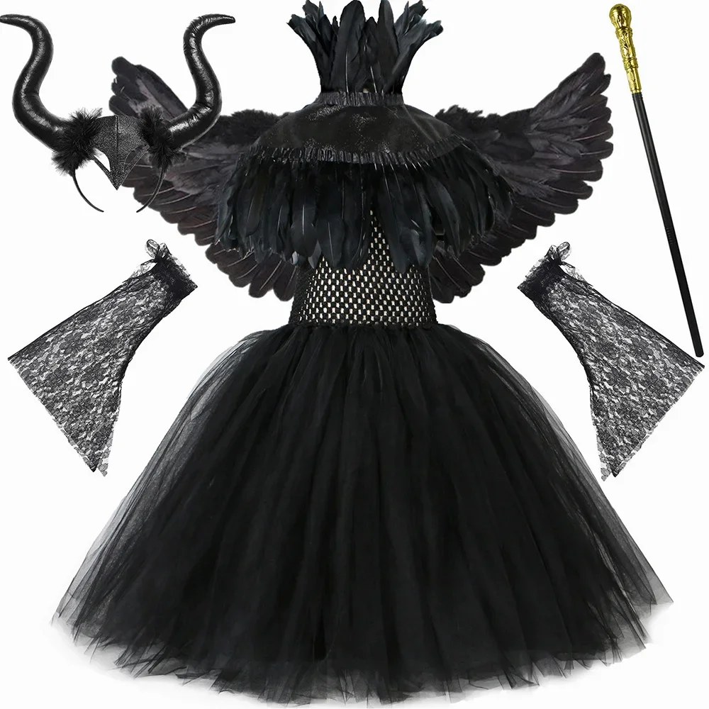 Girls Evil Queen Maleficent Costume Kids Halloween Carnival Party Dresses Feathers Cape Girls Black Witch Tutu Dress Wings Horns