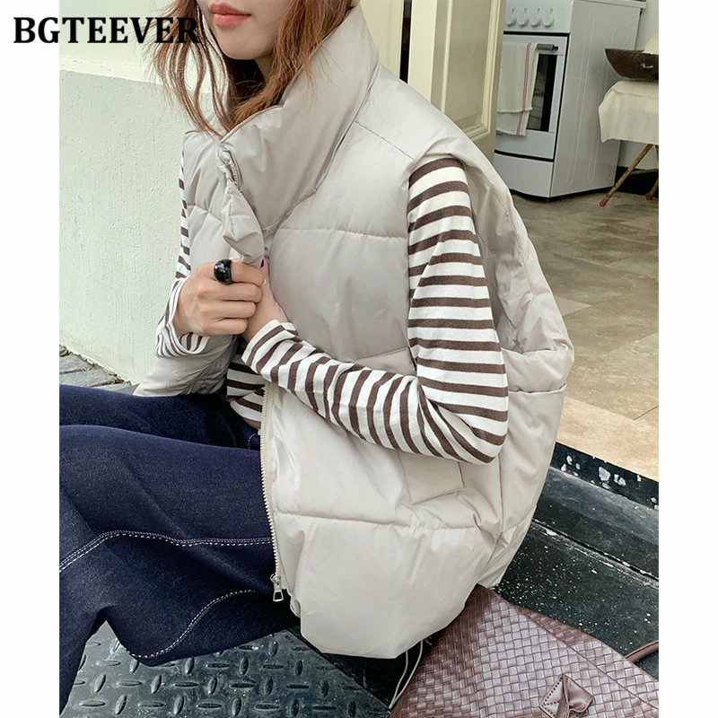 BGTEEVER Vintage Stand Collar Thicken Cotton Padded Women Coats Casual Loose Zippers Sleeveless Female Vest Parkas Winter
