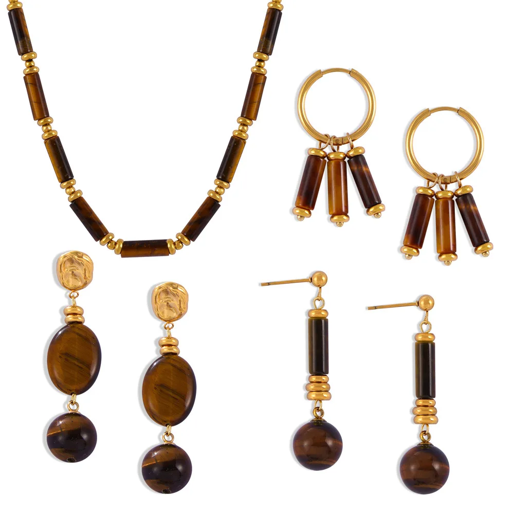 

18K Gold Plated Stainless Steel Natural Tiger Eye Jewelry Set Women Necklace Earrings Boho Waterproof Fashion Jewelry Gift