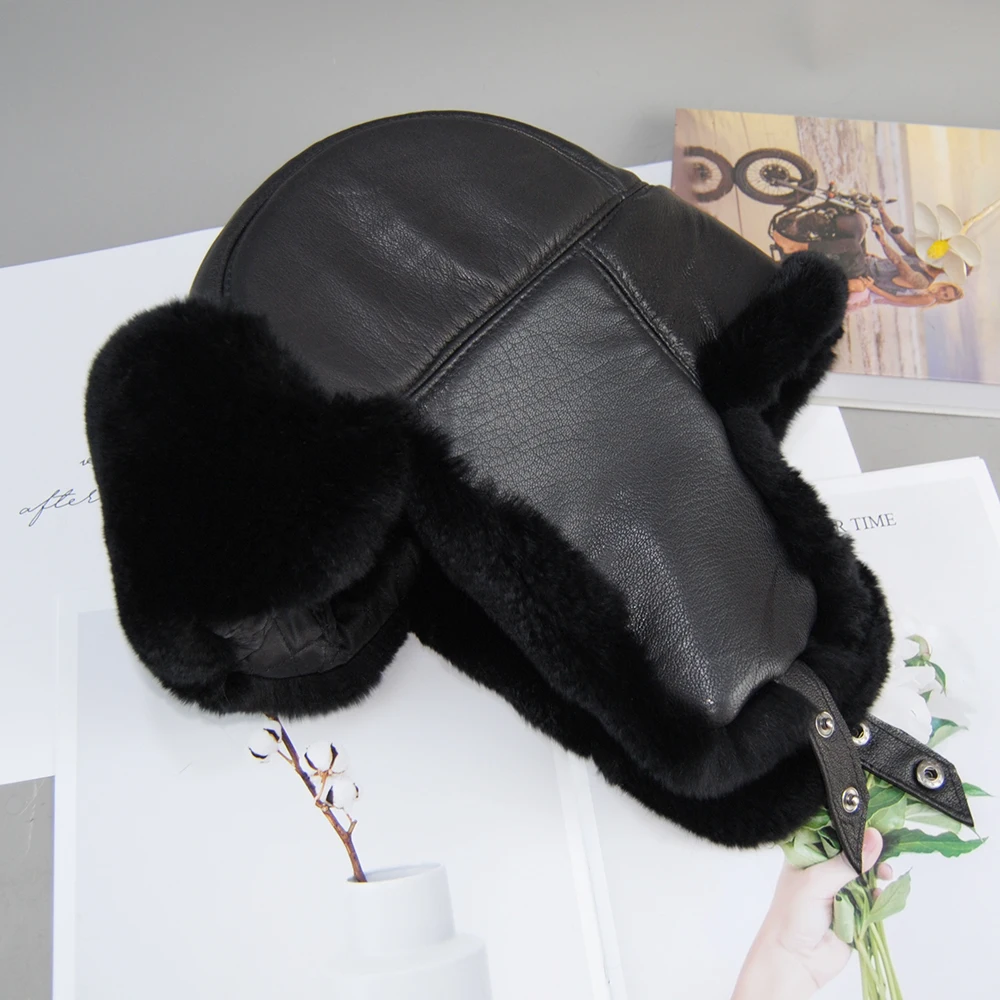 New Unisex Real Rex Rabbit Fur Bomber Hat Ushanka Cap Trapper Russian Men Women Ski Hats Caps Real Sheepskin Leather Winter Warm