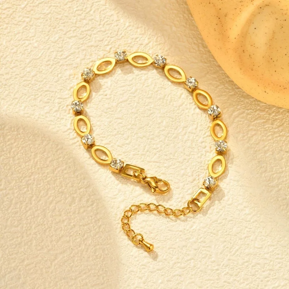 Oval Shape Geometric Bracelet Gold Color Shiny Finish Stainless Steel Bracelet Handmade Craft Hollow Design Zircon Bracelet
