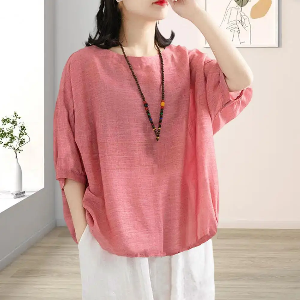 Blus longgar Korea wanita, atasan Pullover tipis polos kasual Lengan Batwing 3/4 pendek leher v panjang setengah musim panas musim semi