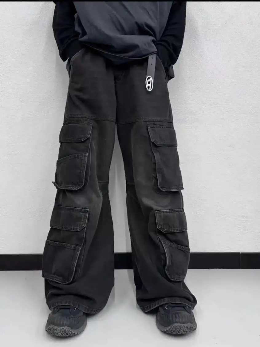 

Yproject Washed Vintage Multi-Pocket Wide Leg Workwear Pants Loose Casual Versatile Denim Jeans for Youth