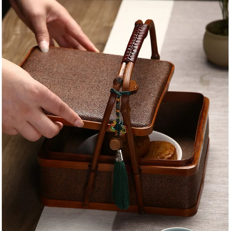 Japanese Handmade Tea Set Box Vintage Rattan Woven Handheld Basket Multifunctional Dim Sum Tray Practical Versatile Storage Bag