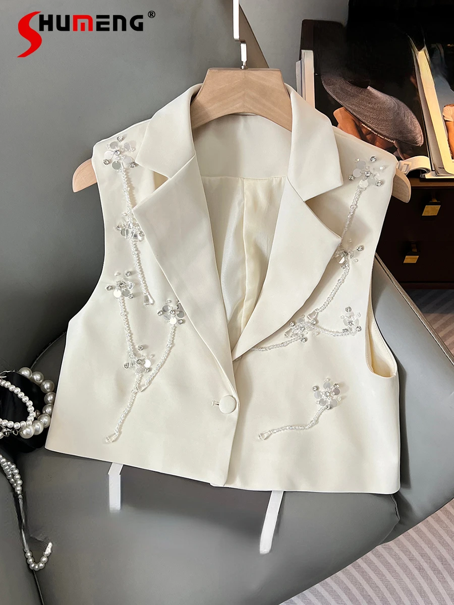 

Feminine Solid Color Blazer Vests Female 2024 Summer New All-Match Sequined Diamonds Short Vest Sleeveless Nice Women’s Vests