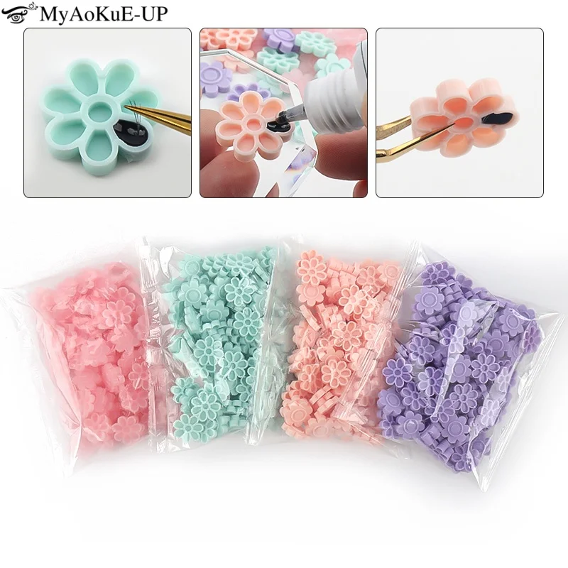 100pcs Eyelash Extension Glue Holder Cup Lash Extension Adhesive Delay Blooming Cup Sakura Shaped Glue Holder Pallet Makeup Tool