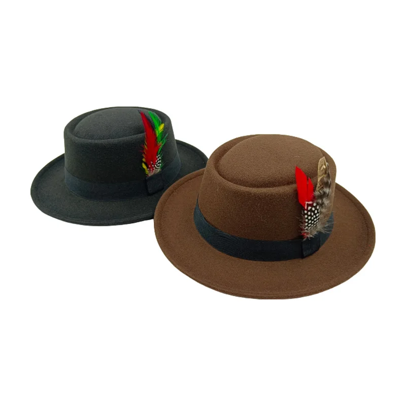 men fedoras jazz hats Porkpie hats Feather Flat Top hat  vintage Business winter Panama fashion sombrero hombre chapeu masculino