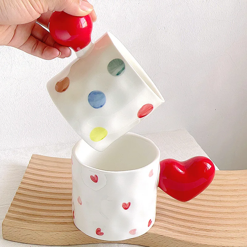 Cute Ins Style Love Polka Dot Ball Handle Ceramic Irregular Mug Couple Ceramic Water Coffee Breakfast Cup White and Red Mug