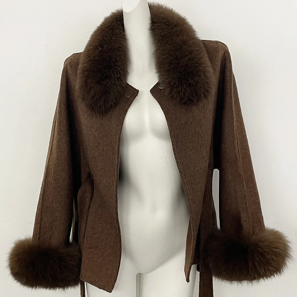 OFTBUY Neue Winter Natürliche Pelz-Wolljacke für Damen Luxuriöser Kurzer 100% Wollmantel Echter Fuchspelzkragen mit Gürtel Damen-Oberbekleidung – Detail 8