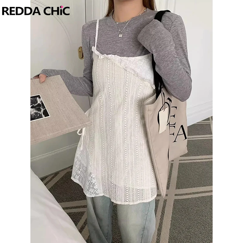 REDDACHiC Women Drawstring Stitch Floral Lace Mini Dress Overlay Casual Square Neck Bandage Patchwork Cami Dress Vintage Clothes