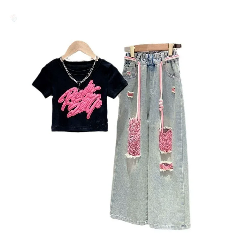 Teenage Children's Summer Clothes Set 2026 New Girls Fashion Jeans Kids Fashion Short-sleeved T-shirt + Ripped Pants 2pcs Sets
